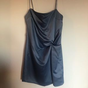 Baby blue satin mini dress.